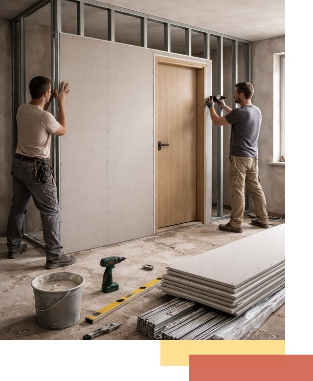 Перегородка из гипсокартона с дверью под ключ в Елизово