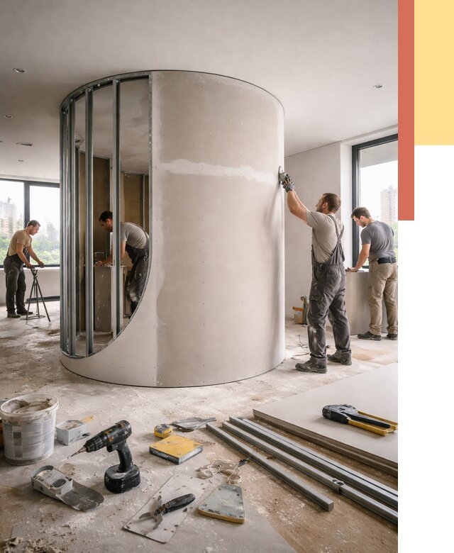 Радиусная перегородка из гипсокартона в Елизово от 2937 руб. под ключ | ОТДЕЛОЧНИК-Лзв