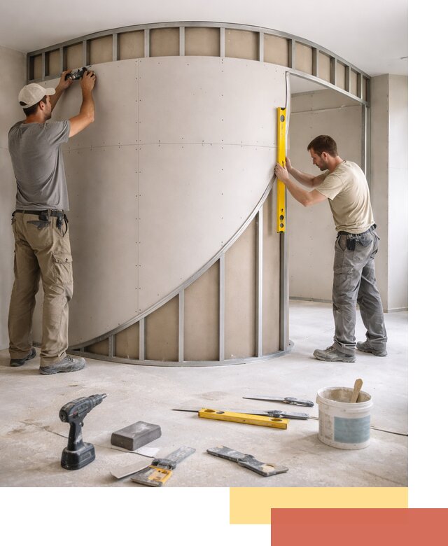 Радиусная перегородка из гипсокартона в Елизово под ключ