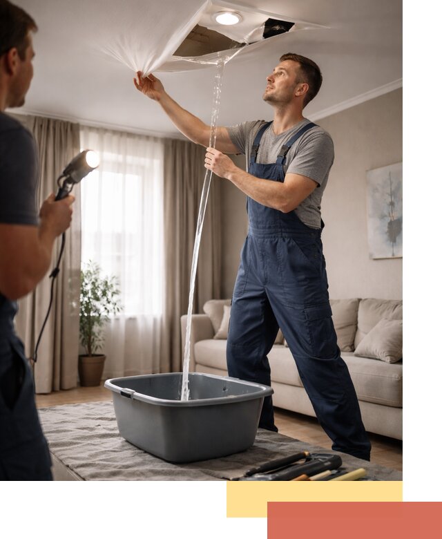 Слив воды с натяжного потолка в Елизово быстро и аккуратно